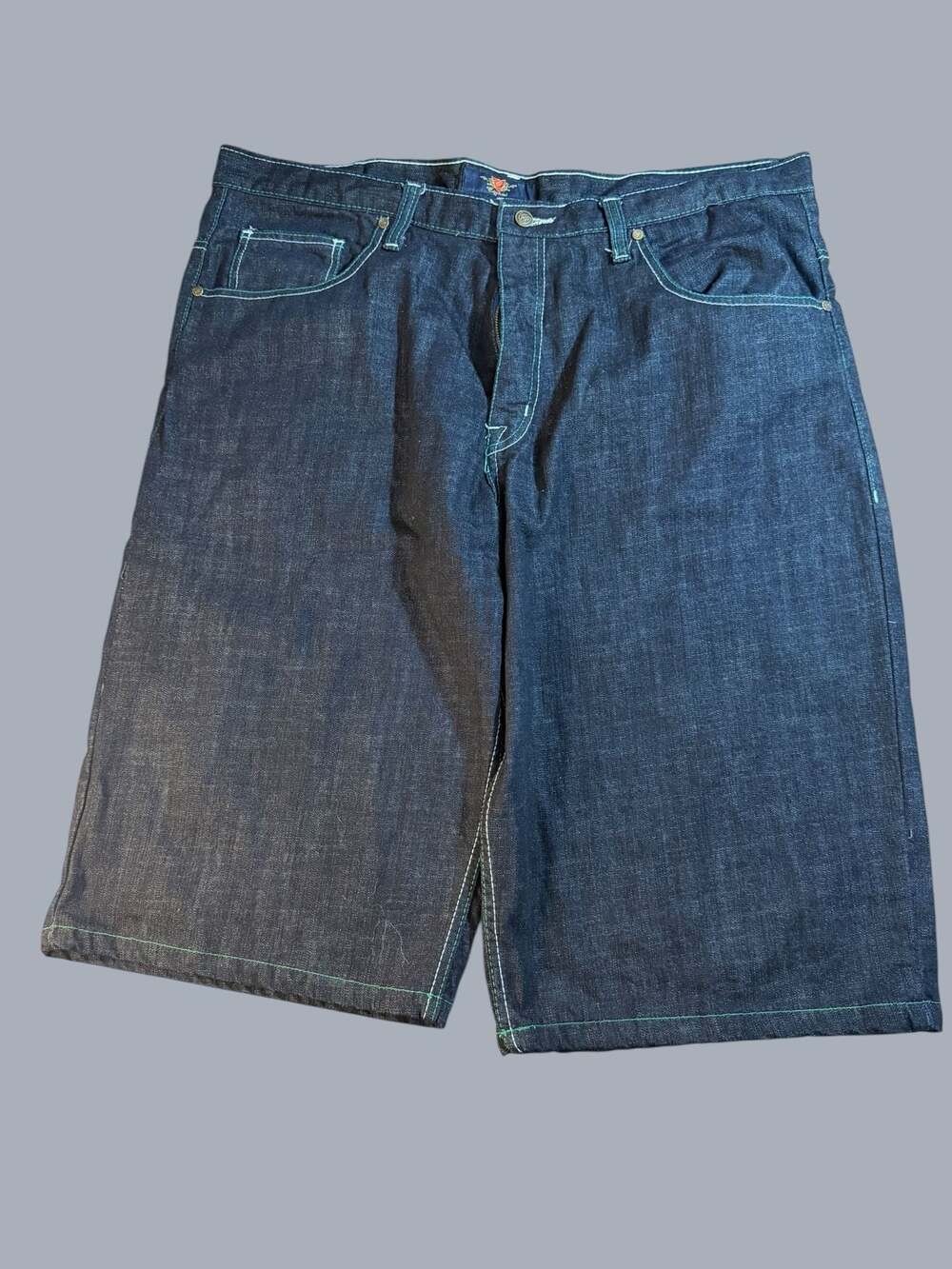 Vintage Corked Jeans Baggy Denim Jorts with Blue and Green Swirl Embroidery 42”